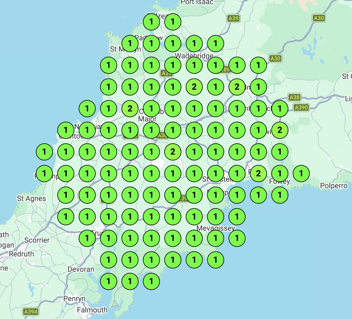 Map-grid scan showing Google Maps rankings across mid-Cornwall