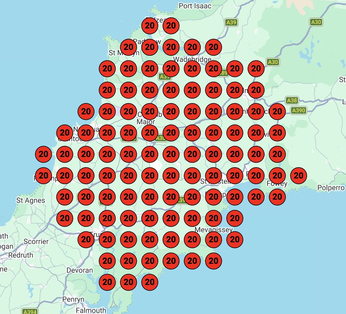 Map-grid scan of Google Maps rankings, before